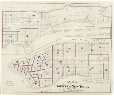 Carte du Comté de New York, montrant les Quartiers et les Commissariats de Police, et l