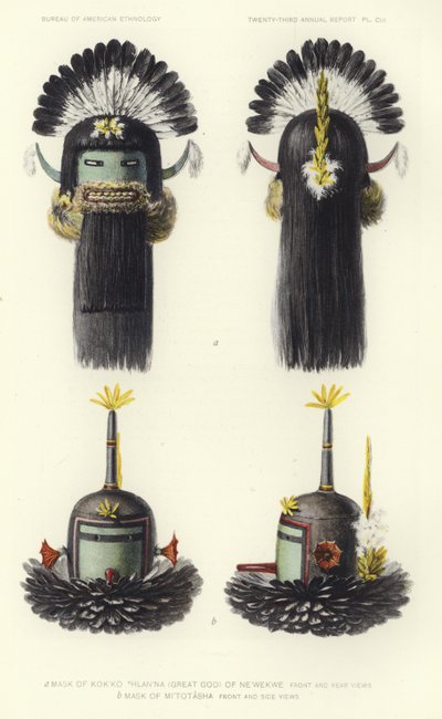 Masque de Kokko Thlanna (grand dieu) de Newekwe (lithographie couleur) - American School