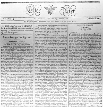 En-tête de The Bee, imprimé le 23 août 1797 - American School