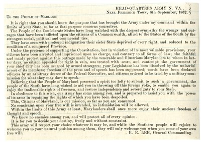 Message au peuple du Maryland pour soutenir la Confédération, 8 septembre 1862 - American School