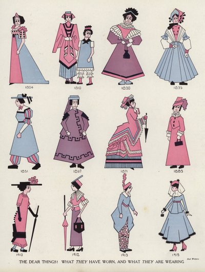 Se moquer de la mode féminine à travers les âges (lithographie couleur) - American School