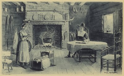 Maison de pionniers de la Nouvelle-Angleterre (litho) - American School