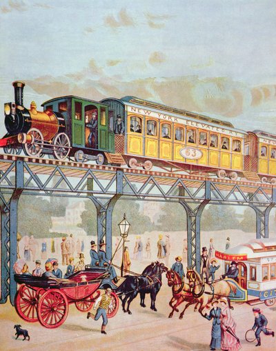 Chemin de fer surélevé de New York, vers 1880 (lithographie en couleur) - American School