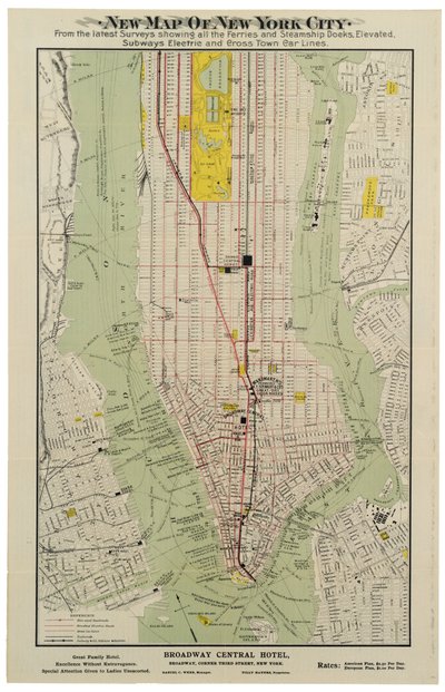Nouvelle carte de la ville de New York à partir des dernières enquêtes montrant tous les ferries et quais de bateaux à vapeur, lignes de métro et de tramway - American School