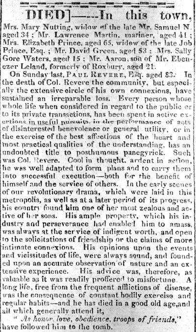 Page nécrologique du Boston Intelligencer, 16 mai 1818 - American School