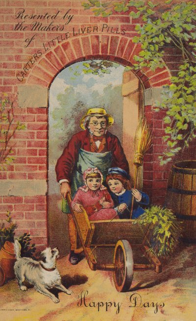 Vieil homme poussant des enfants dans une brouette - American School