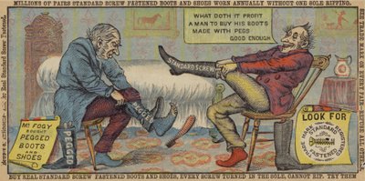 Vieux hommes essayant des bottes - American School