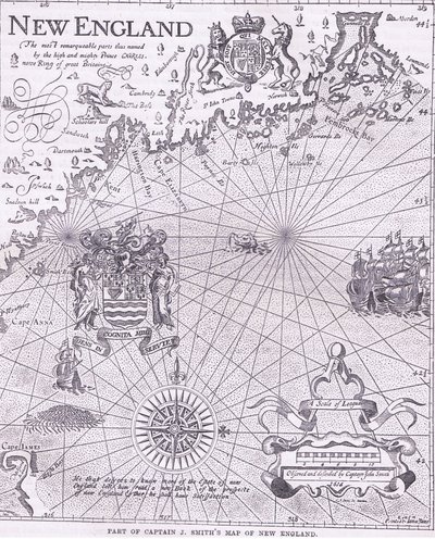 Partie de la carte du capitaine J Smith de la Nouvelle-Angleterre, illustration de l