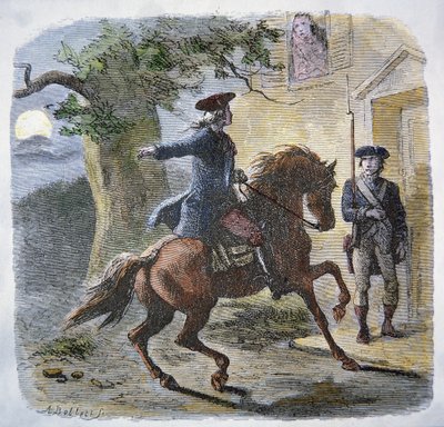 La célèbre chevauchée de Paul Revere dans la nuit du 18 avril 1775 - American School
