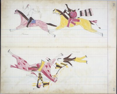 Pawnee poursuivi par Cheyenne et un homme blanc tué par Crooked Lance, illustration du 