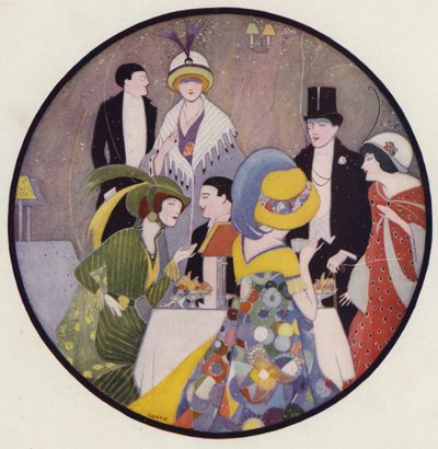 Des gens se retrouvent après une pièce de théâtre, une scène de la nouvelle After The Play de J A Waldron (lithographie couleur). - American School