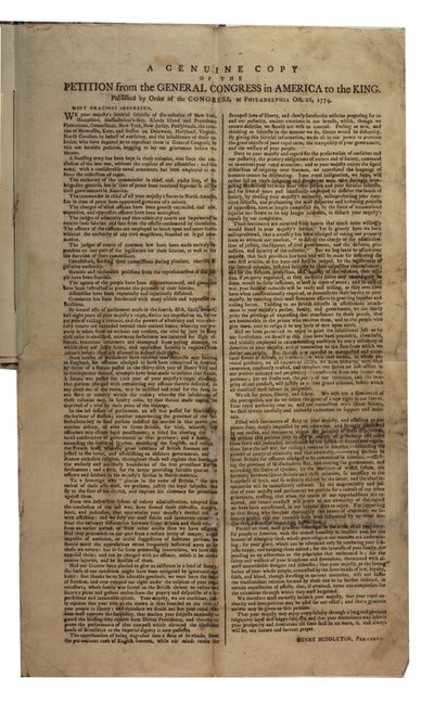 Pétition du Congrès général en Amérique au roi, Congrès continental, 26 octobre 1774 - American School