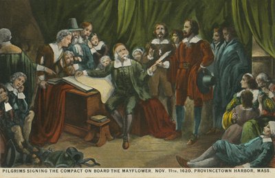 Pèlerins signant le pacte à bord du Mayflower, port de Princetown, Massachusetts - American School