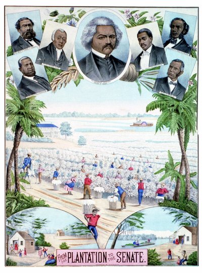 Plantations au Sénat : illustration représentant des travailleurs noirs dans les plantations de coton et des sénateurs noirs dans le sud des États-Unis. - American School