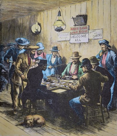 Partie de Faro dans un saloon à Cheyenne, Wyoming, vers 1870 (gravure en couleur) - American School