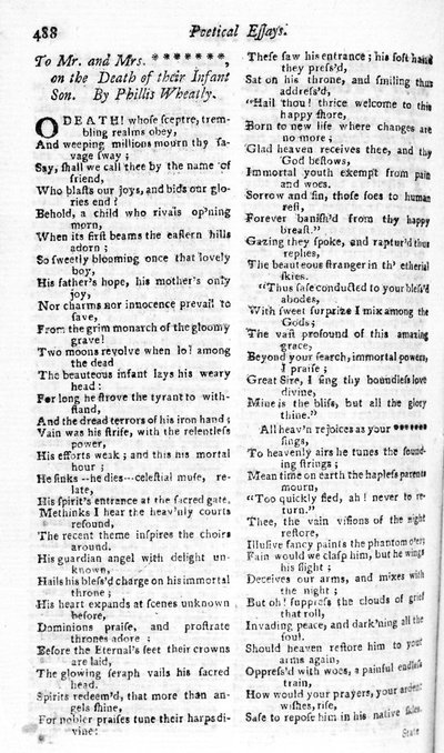Poème écrit à un couple sur la mort de leur enfant par Phillis Wheatley, publié dans le Boston Magazine, 1783-84 - American School