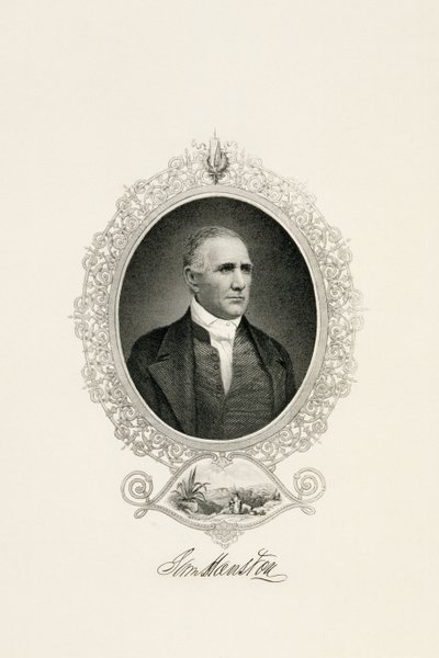 Portrait de Sam Houston avec une vue de la ville, vers 1855-1860 (gravure sur papier vélin) - American School
