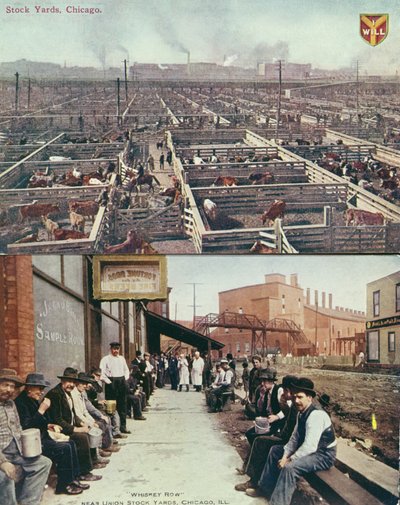 Carte postale représentant les parcs à bestiaux et les abattoirs de Chicago et des ouvriers avec des gamelles pendant leur pause à Whiskey Row, vers 1910 - American School
