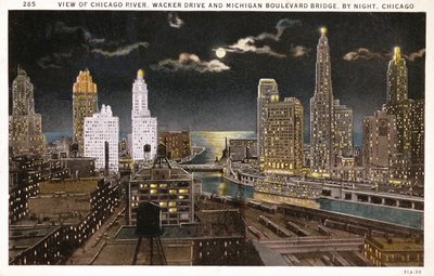 Carte postale de Chicago de nuit, vers 1930 - American School