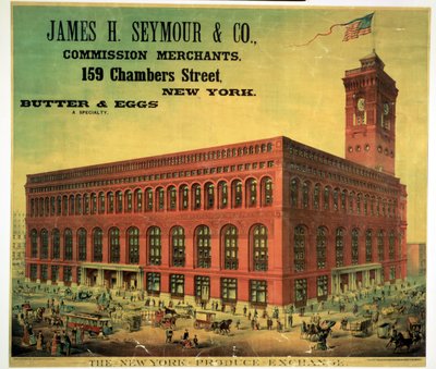 Affiche publicitaire pour James H. Seymour & Co. Commission Merchants à la New York Produce Exchange, gravée par Sacket, Wilhelms et Betzig, vers 1885 - American School