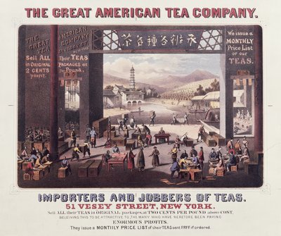 Affiche publicitaire pour The Great American Tea Company, Importateurs et Grossistes de Thés - American School