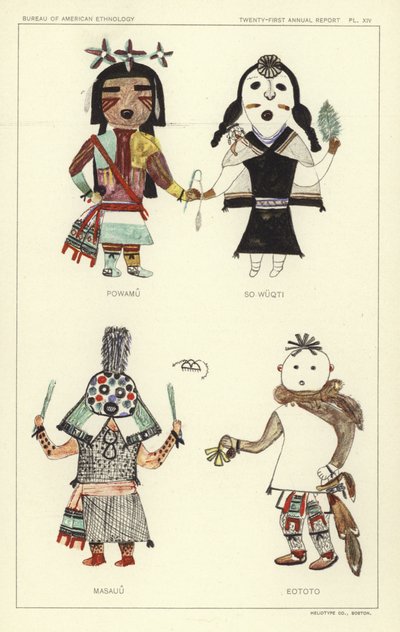 Powamu, So Wuqti, Masauu, Eototo (lithographie couleur) - American School