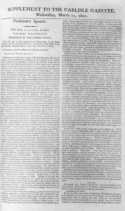 Discours inaugural du président Jefferson, supplément à la Carlisle Gazette, 11 mars 1801 - American School