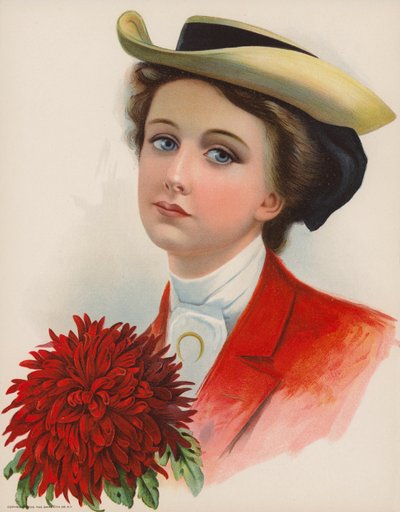 Jolie jeune femme portant un chapeau et tenant un grand chrysanthème rouge - American School