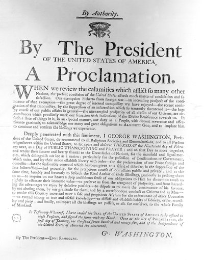 Proclamation du président George Washington désignant le jeudi 19 février comme jour d
