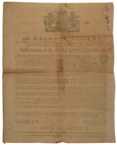 Proclamation au nom de Francis Bernard, gouverneur de la baie du Massachusetts : annonçant un jour de jeûne pendant la guerre de Sept Ans, 8 avril 1761 - American School