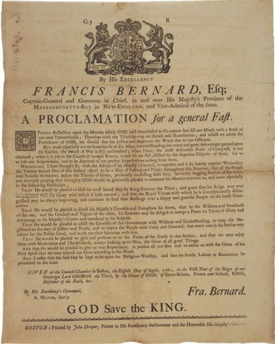 Proclamation au nom de Francis Bernard, gouverneur de la baie du Massachusetts : annonçant un jour de jeûne pendant la guerre de Sept Ans, 8 avril 1761 - American School