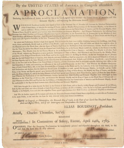 Proclamation du Congrès déclarant la cessation des armes et la fin de la guerre, 24 avril 1783 - American School