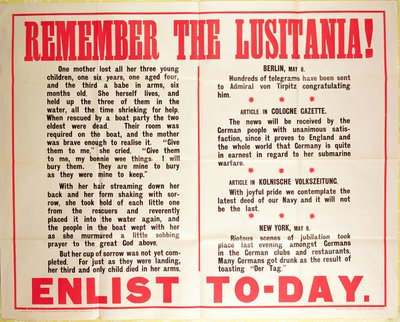 "Souvenez-vous du Lusitania" affiche de recrutement de la Première Guerre mondiale - American School