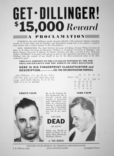 Affiche de récompense pour John Dillinger - American School