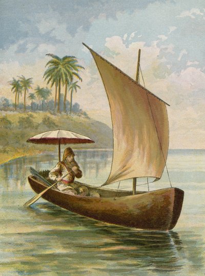 Robinson Crusoé naviguant dans son bateau - American School