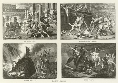 Jeux romains, course de chars, combat de gladiateurs, bataille navale, corrida - American School