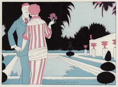 Couple romantique se tenant la main au bord de la piscine, une scène de la nouvelle Prospective Honeymooners de J A Waldron (lithographie couleur) - American School