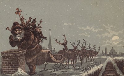 Père Noël et rennes livrant des cadeaux - American School