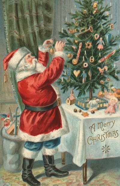 Père Noël décorant un sapin de Noël - American School