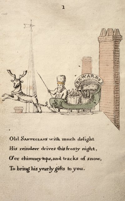Santeclaus avec traîneau et rennes, de The Childrens Friend publié en 1821 - American School
