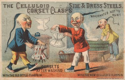 Scène dans une blanchisserie chinoise, publicité pour les agrafes de corset en celluloïd - American School