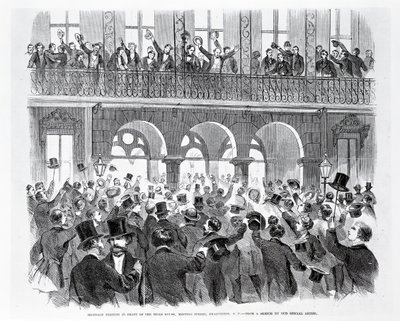 Réunion de sécession devant la Mills House, Meeting Street, Charleston, Caroline du Sud, vers 1860 (gravure) - American School