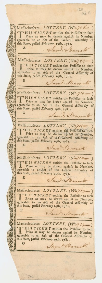 Feuille de billets de loterie, Loterie du Massachusetts, 1781 - American School