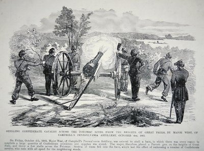 Bombardement de la cavalerie confédérée à travers la rivière Potomac depuis les hauteurs de Great Falls, 4 octobre 1861 (lithographie) - American School