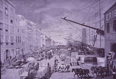 South Street Seaport dans les années 1870, New York (gravure) - American School