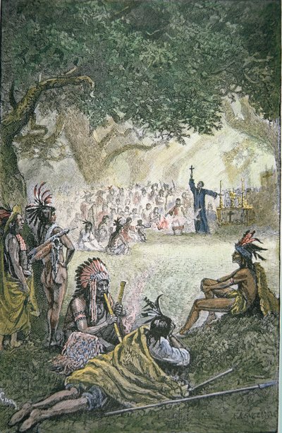 Missionnaires jésuites espagnols convertissant des Amérindiens en Californie au XVIIe siècle - American School