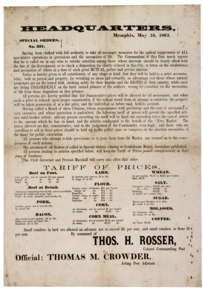 Ordre spécial n° 357 publiant les prix des denrées alimentaires pour prévenir la spéculation, 23 mai 1862 - American School