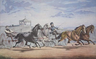 Stella et Alice Grey - Lanterne et fanon, Passant le stand (Dans leur grande course en double attelage sur le Union Course L.I. 5 juin 1855), pub. 1855, Currier & Ives - American School