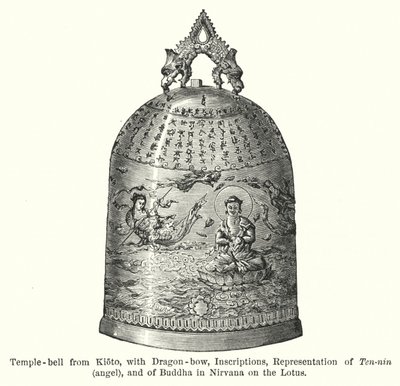 Cloche de temple de Kyoto, avec arc de dragon, inscriptions, représentation de Ten-nin, ange, et de Bouddha en Nirvana sur le lotus - American School