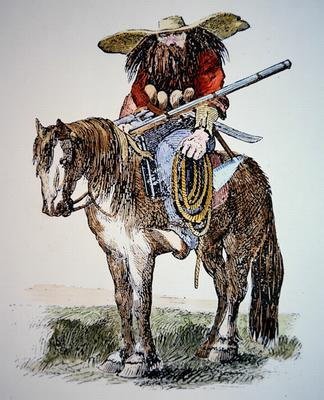 Dessin animé du Texas Ranger, représentant la vue urbaine orientale du Ranger sauvage et poilu - American School